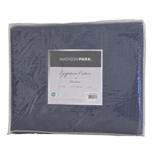 Madison Park Egyptian Cotton Blanket Twin Blue Herringbone New